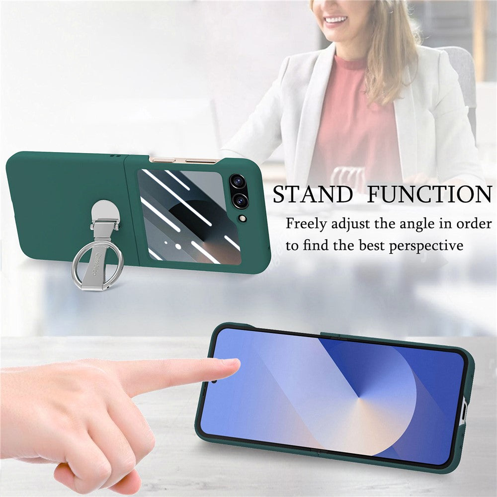 For Samsung Galaxy Z Flip7 FE 5G / Z Flip6 5G Case Ring Kickstand PC Phone Cover with Tempered Glass Rear Screen Film - Dark Green