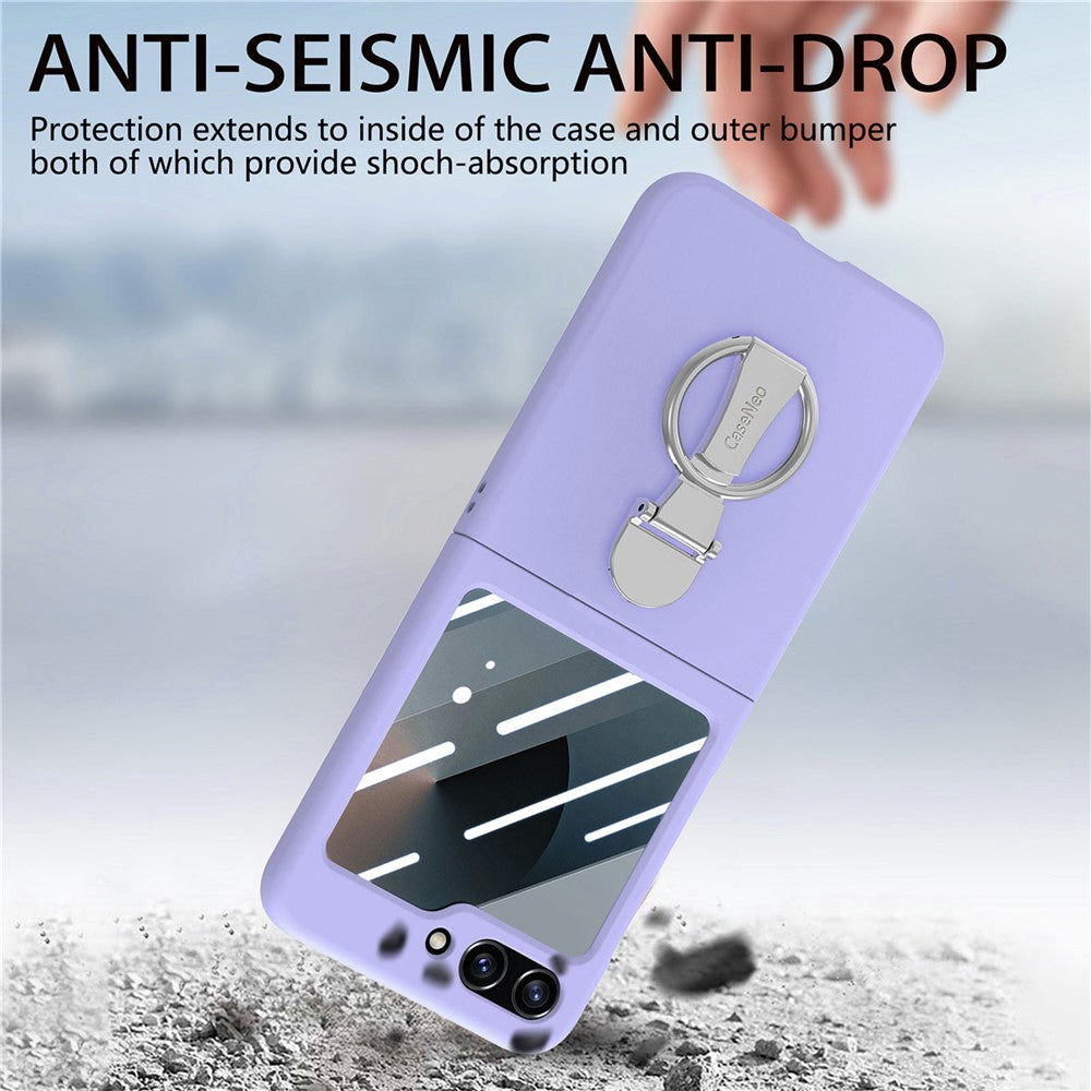 For Samsung Galaxy Z Flip7 FE 5G / Z Flip6 5G Case Ring Kickstand PC Phone Cover with Tempered Glass Rear Screen Film - Purple