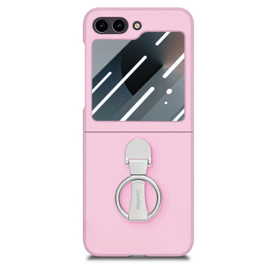 For Samsung Galaxy Z Flip7 FE 5G / Z Flip6 5G Case Ring Kickstand PC Phone Cover with Tempered Glass Rear Screen Film - Pink