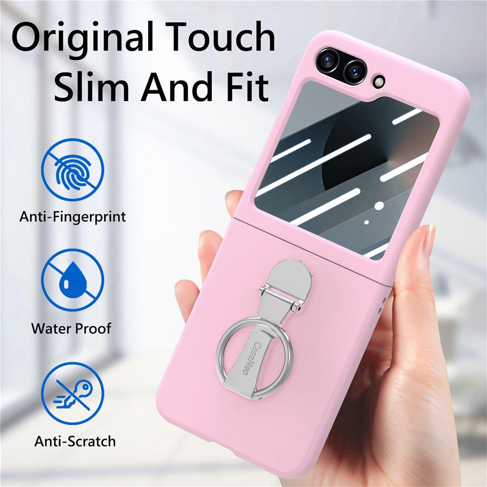 For Samsung Galaxy Z Flip7 FE 5G / Z Flip6 5G Case Ring Kickstand PC Phone Cover with Tempered Glass Rear Screen Film - Pink