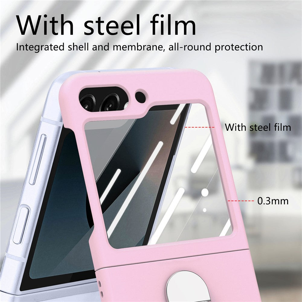 For Samsung Galaxy Z Flip7 FE 5G / Z Flip6 5G Case Ring Kickstand PC Phone Cover with Tempered Glass Rear Screen Film - Pink