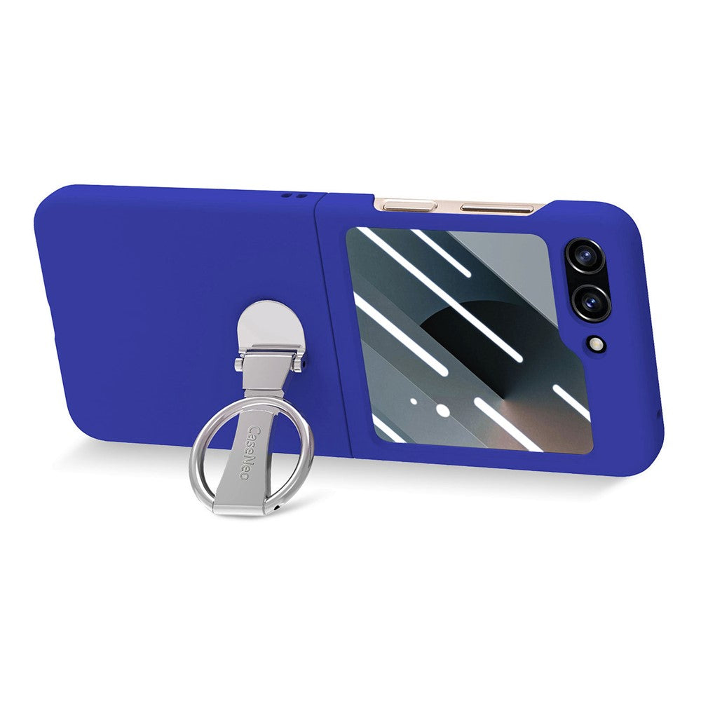 For Samsung Galaxy Z Flip7 FE 5G / Z Flip6 5G Case Ring Kickstand PC Phone Cover with Tempered Glass Rear Screen Film -  Dark Blue