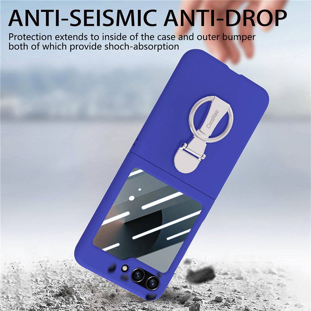 For Samsung Galaxy Z Flip7 FE 5G / Z Flip6 5G Case Ring Kickstand PC Phone Cover with Tempered Glass Rear Screen Film -  Dark Blue