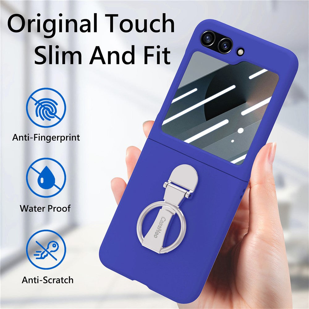 For Samsung Galaxy Z Flip7 FE 5G / Z Flip6 5G Case Ring Kickstand PC Phone Cover with Tempered Glass Rear Screen Film -  Dark Blue