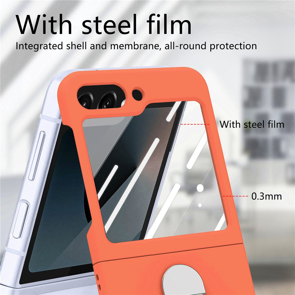 For Samsung Galaxy Z Flip7 FE 5G / Z Flip6 5G Case Ring Kickstand PC Phone Cover with Tempered Glass Rear Screen Film - Orange