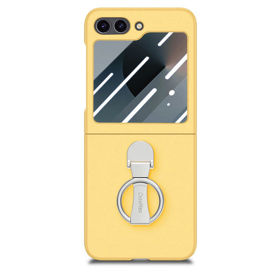 For Samsung Galaxy Z Flip7 FE 5G / Z Flip6 5G Case Ring Kickstand PC Phone Cover with Tempered Glass Rear Screen Film - Yellow