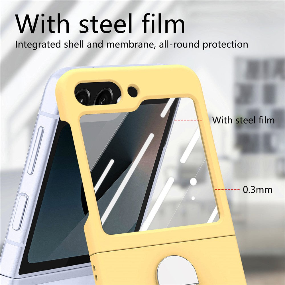 For Samsung Galaxy Z Flip7 FE 5G / Z Flip6 5G Case Ring Kickstand PC Phone Cover with Tempered Glass Rear Screen Film - Yellow