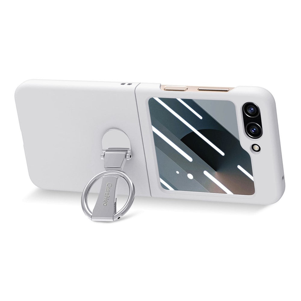 For Samsung Galaxy Z Flip7 FE 5G / Z Flip6 5G Case Ring Kickstand PC Phone Cover with Tempered Glass Rear Screen Film - White