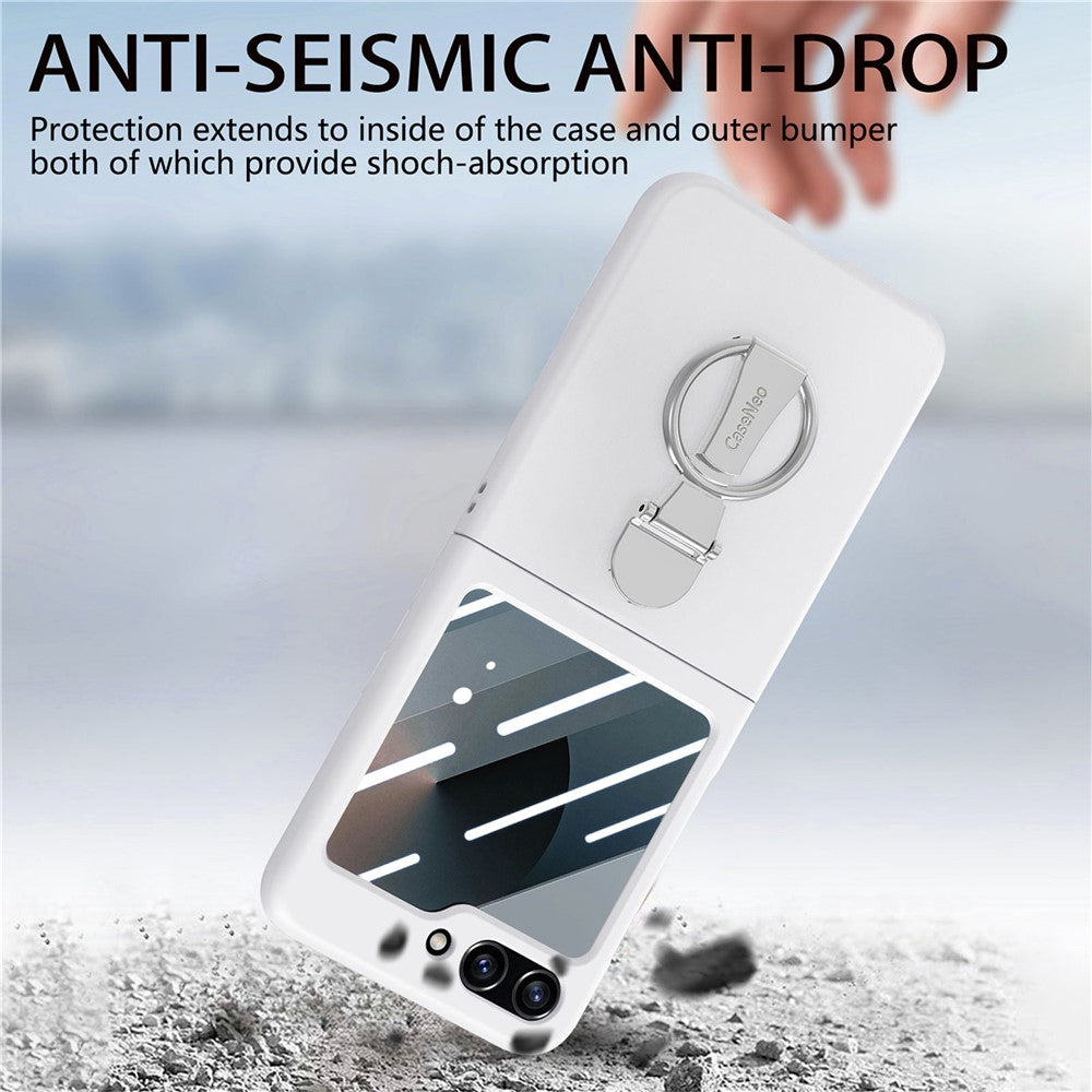 For Samsung Galaxy Z Flip7 FE 5G / Z Flip6 5G Case Ring Kickstand PC Phone Cover with Tempered Glass Rear Screen Film - White