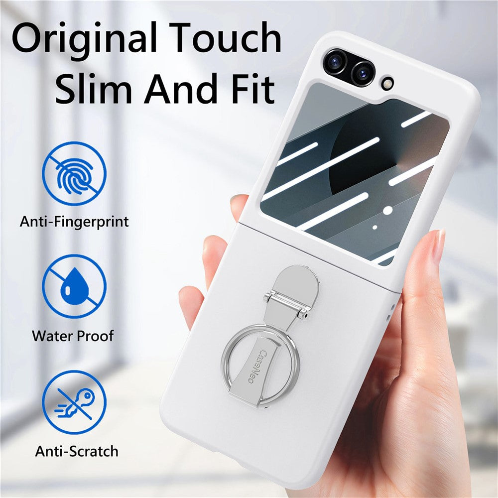 For Samsung Galaxy Z Flip7 FE 5G / Z Flip6 5G Case Ring Kickstand PC Phone Cover with Tempered Glass Rear Screen Film - White