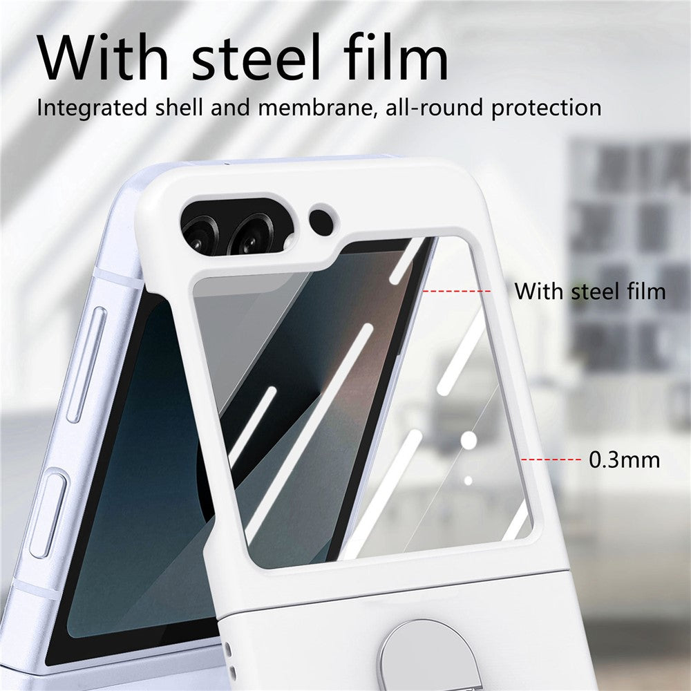 For Samsung Galaxy Z Flip7 FE 5G / Z Flip6 5G Case Ring Kickstand PC Phone Cover with Tempered Glass Rear Screen Film - White