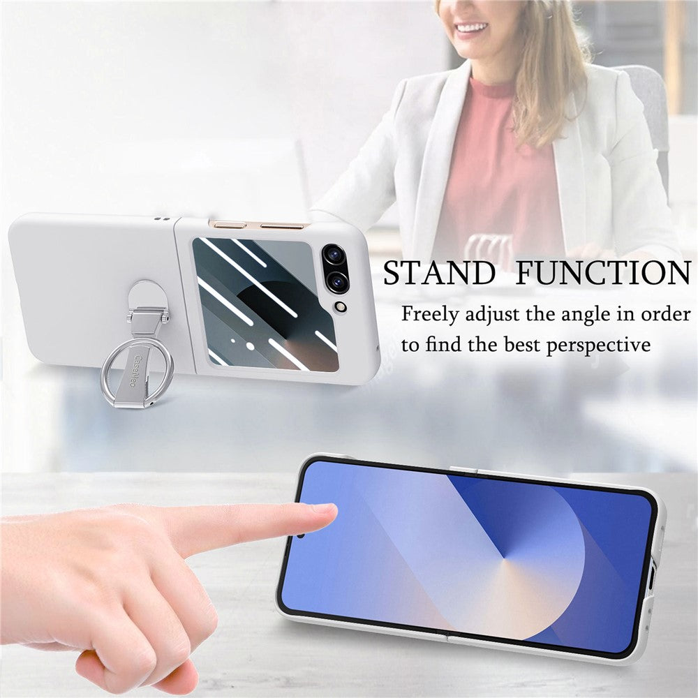For Samsung Galaxy Z Flip7 FE 5G / Z Flip6 5G Case Ring Kickstand PC Phone Cover with Tempered Glass Rear Screen Film - White