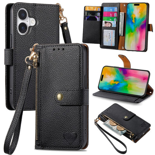 For iPhone 16 Case RFID Blocking Zipper Pocket Leather Wallet Phone Cover - Black