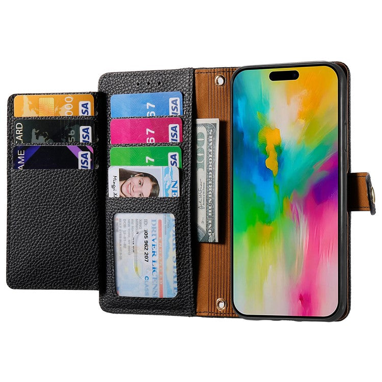 For iPhone 16 Case RFID Blocking Zipper Pocket Leather Wallet Phone Cover - Black