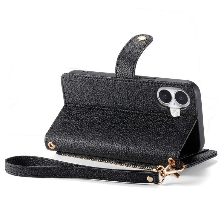 For iPhone 16 Case RFID Blocking Zipper Pocket Leather Wallet Phone Cover - Black