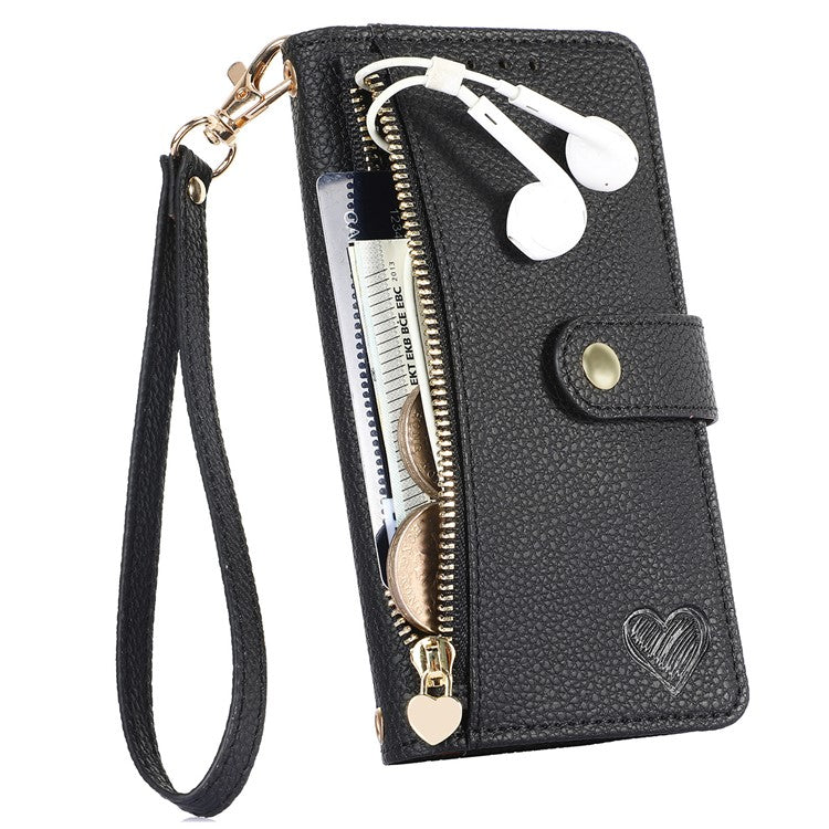For iPhone 16 Case RFID Blocking Zipper Pocket Leather Wallet Phone Cover - Black