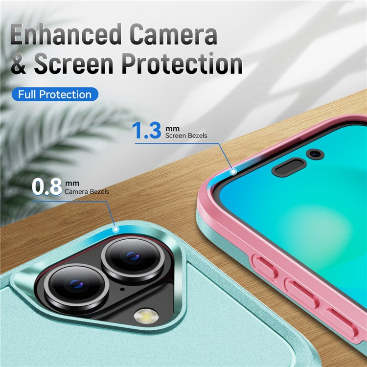 For iPhone 16 Plus Case PC+TPU Military Grade Drop Protective Phone Cover - Green+Pink