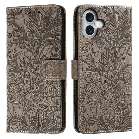 For iPhone 16 Plus Case Lace Flowers PU Leather Flip Wallet Phone Cover - Grey