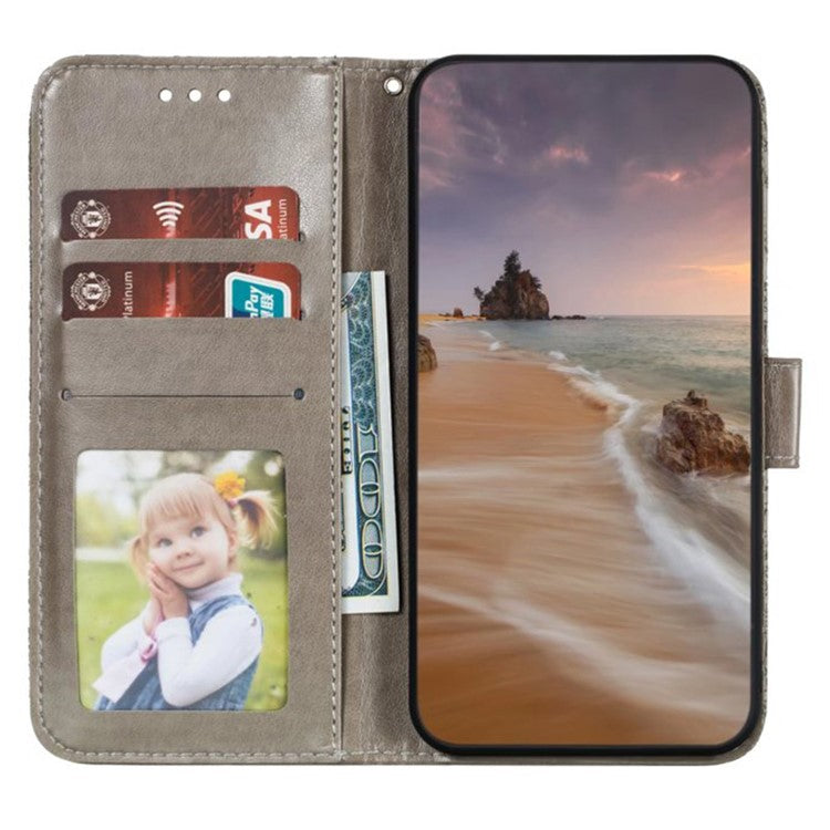 For iPhone 16 Plus Case Lace Flowers PU Leather Flip Wallet Phone Cover - Grey