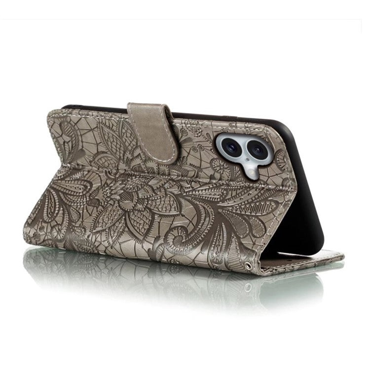 For iPhone 16 Plus Case Lace Flowers PU Leather Flip Wallet Phone Cover - Grey