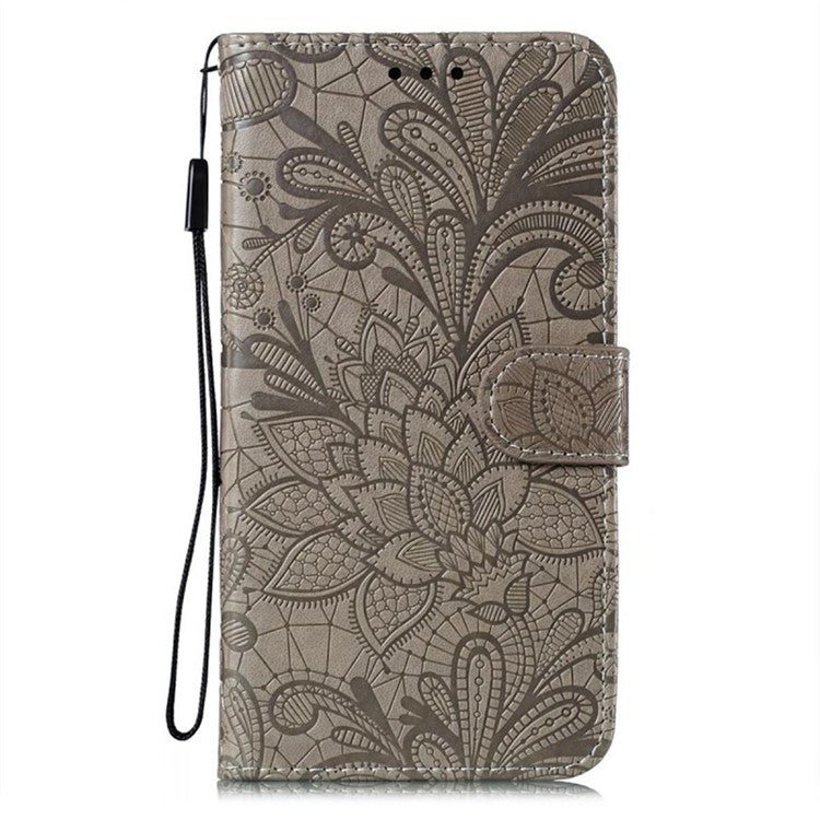 For iPhone 16 Plus Case Lace Flowers PU Leather Flip Wallet Phone Cover - Grey