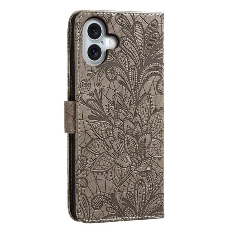 For iPhone 16 Plus Case Lace Flowers PU Leather Flip Wallet Phone Cover - Grey