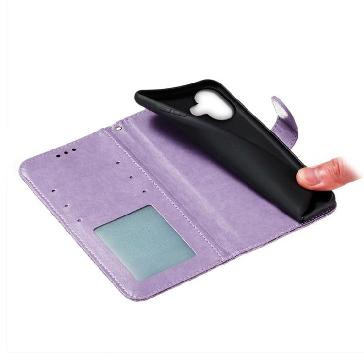 For iPhone 16 Case Lace Flowers PU Leather Flip Wallet Phone Cover - Purple