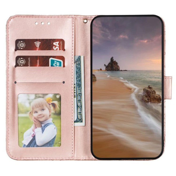 For iPhone 16 Pro Case Lace Flowers PU Leather Flip Wallet Phone Cover - Rose Gold