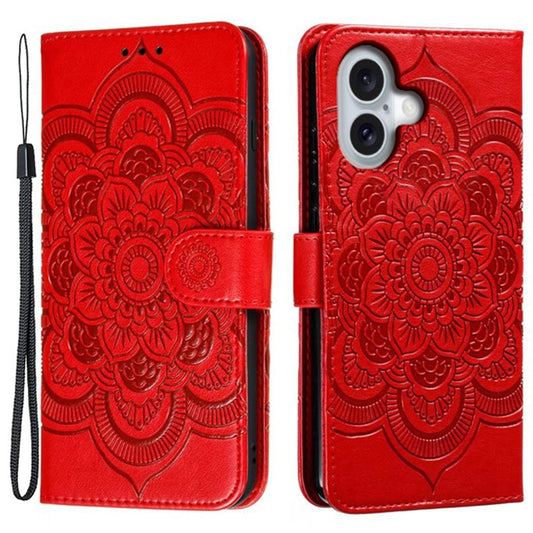 For iPhone 16 Plus Case PU Leather Mandala Imprinted Design Wallet Phone Cover - Red
