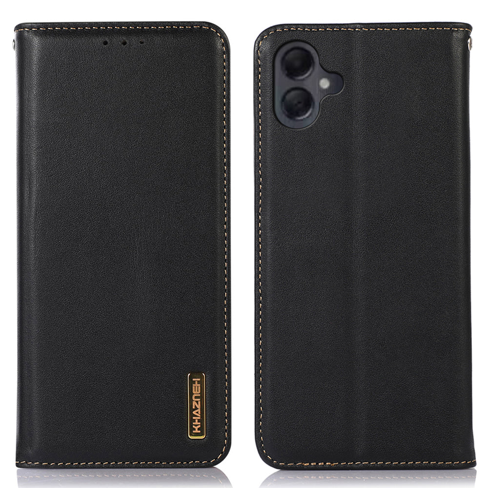 KHAZNEH For Samsung Galaxy A06 Case Genuine Cow Leather Wallet Phone Cover Nappa Texture - Black