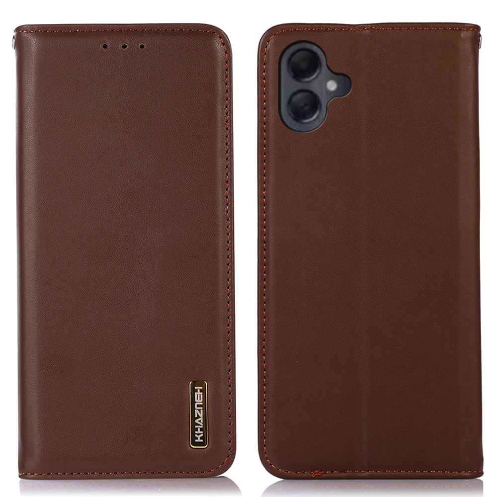 KHAZNEH For Samsung Galaxy A06 Case Genuine Cow Leather Wallet Phone Cover Nappa Texture - Brown