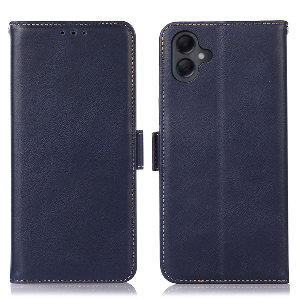For Samsung Galaxy A06 Case RFID Blocking Genuine Cow Leather Wallet Phone Cover - Blue