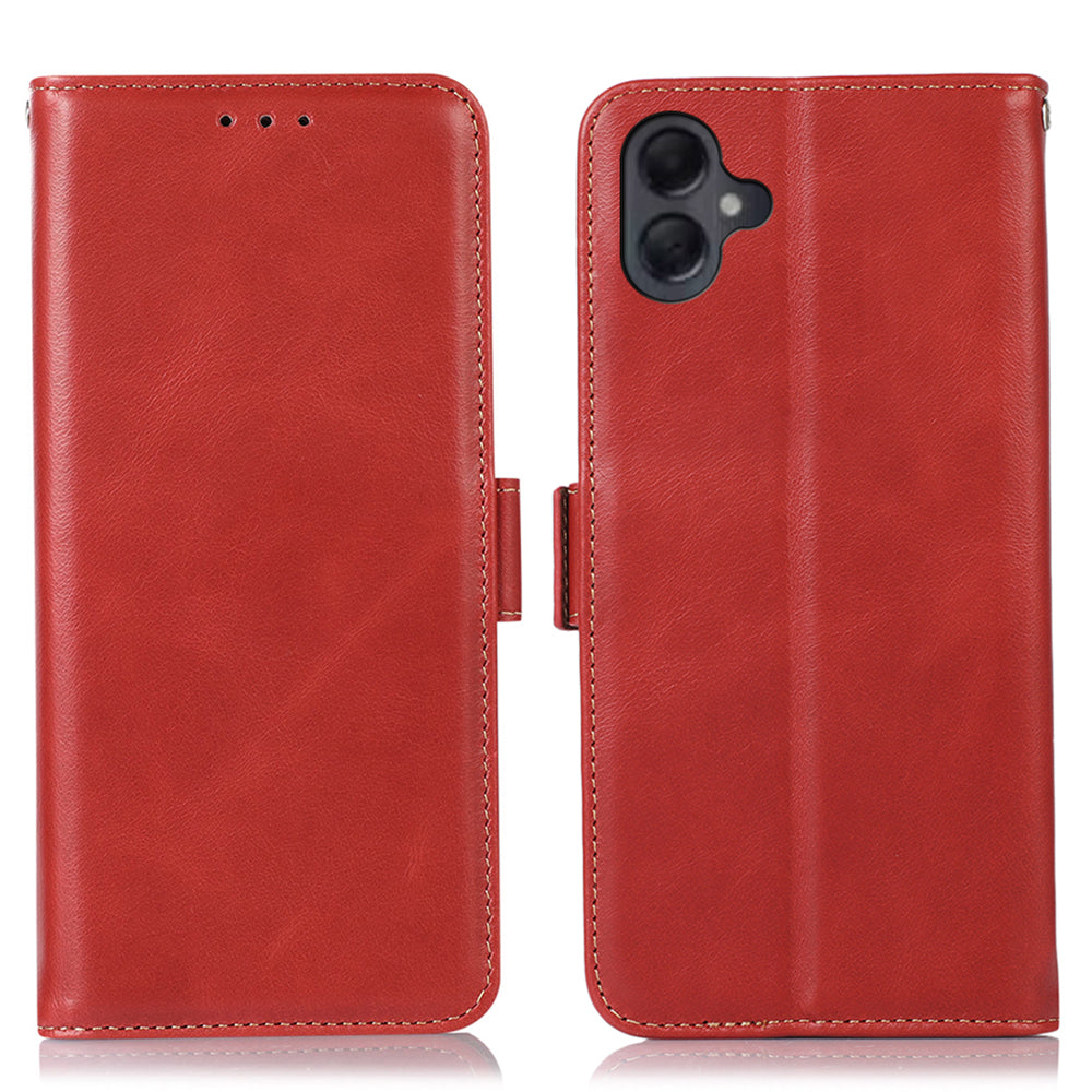 For Samsung Galaxy A06 Case RFID Blocking Genuine Cow Leather Wallet Phone Cover - Red