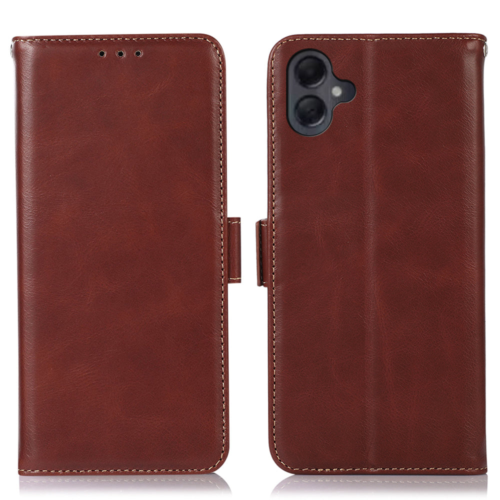 For Samsung Galaxy A06 Case RFID Blocking Genuine Cow Leather Wallet Phone Cover - Brown