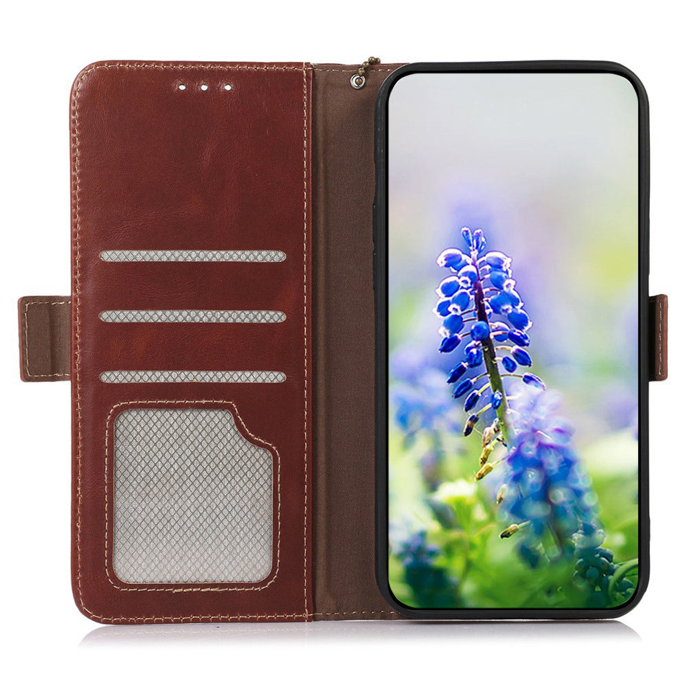 For Samsung Galaxy A06 Case RFID Blocking Genuine Cow Leather Wallet Phone Cover - Brown