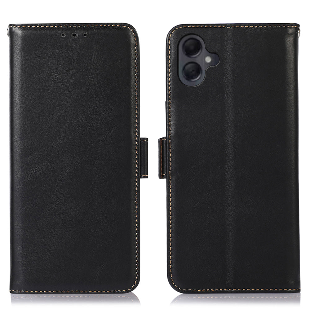 For Samsung Galaxy A06 Case RFID Blocking Genuine Cow Leather Wallet Phone Cover - Black
