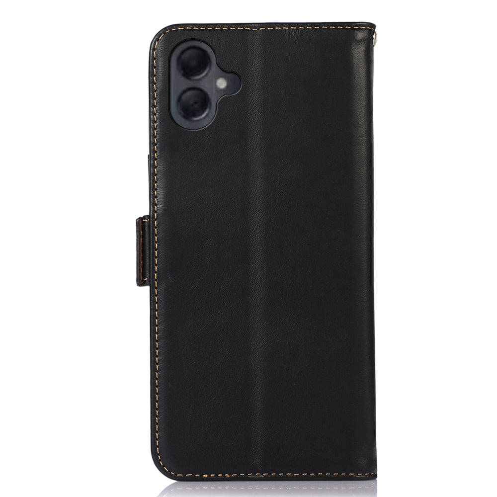 For Samsung Galaxy A06 Case RFID Blocking Genuine Cow Leather Wallet Phone Cover - Black