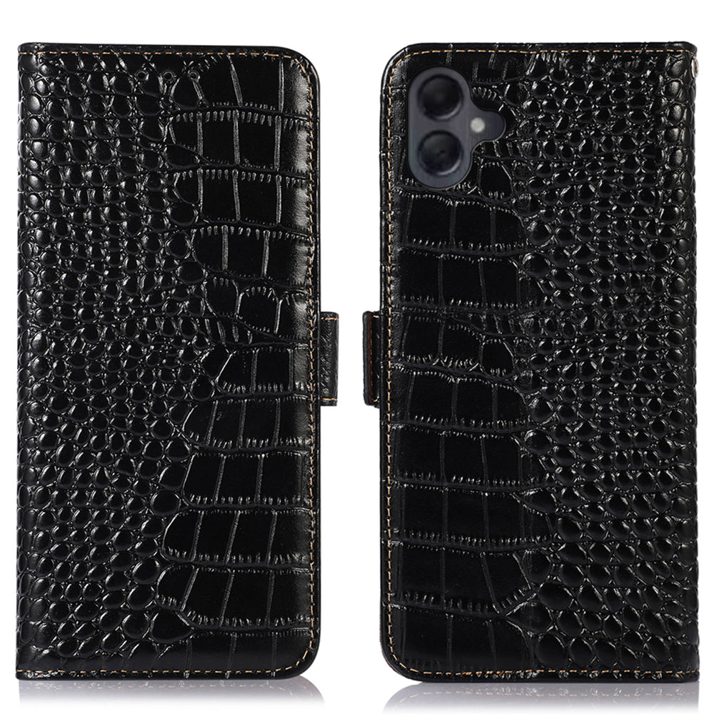 For Samsung Galaxy A06 Case Crocodile Texture Genuine Cow Leather Phone Wallet Cover - Black