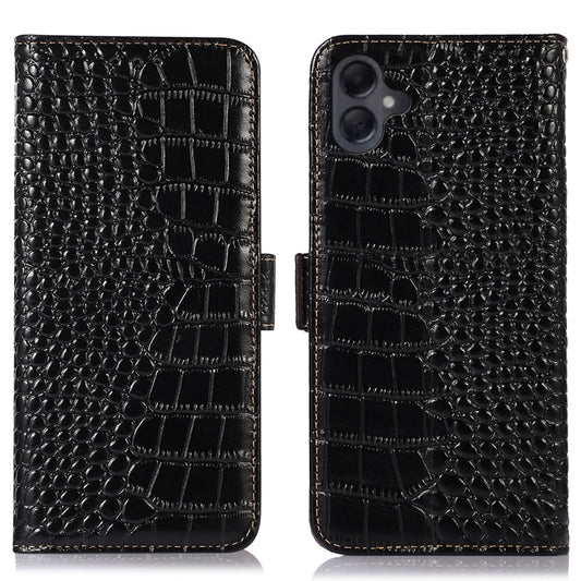 For Samsung Galaxy A06 Case Crocodile Texture Genuine Cow Leather Phone Wallet Cover - Black
