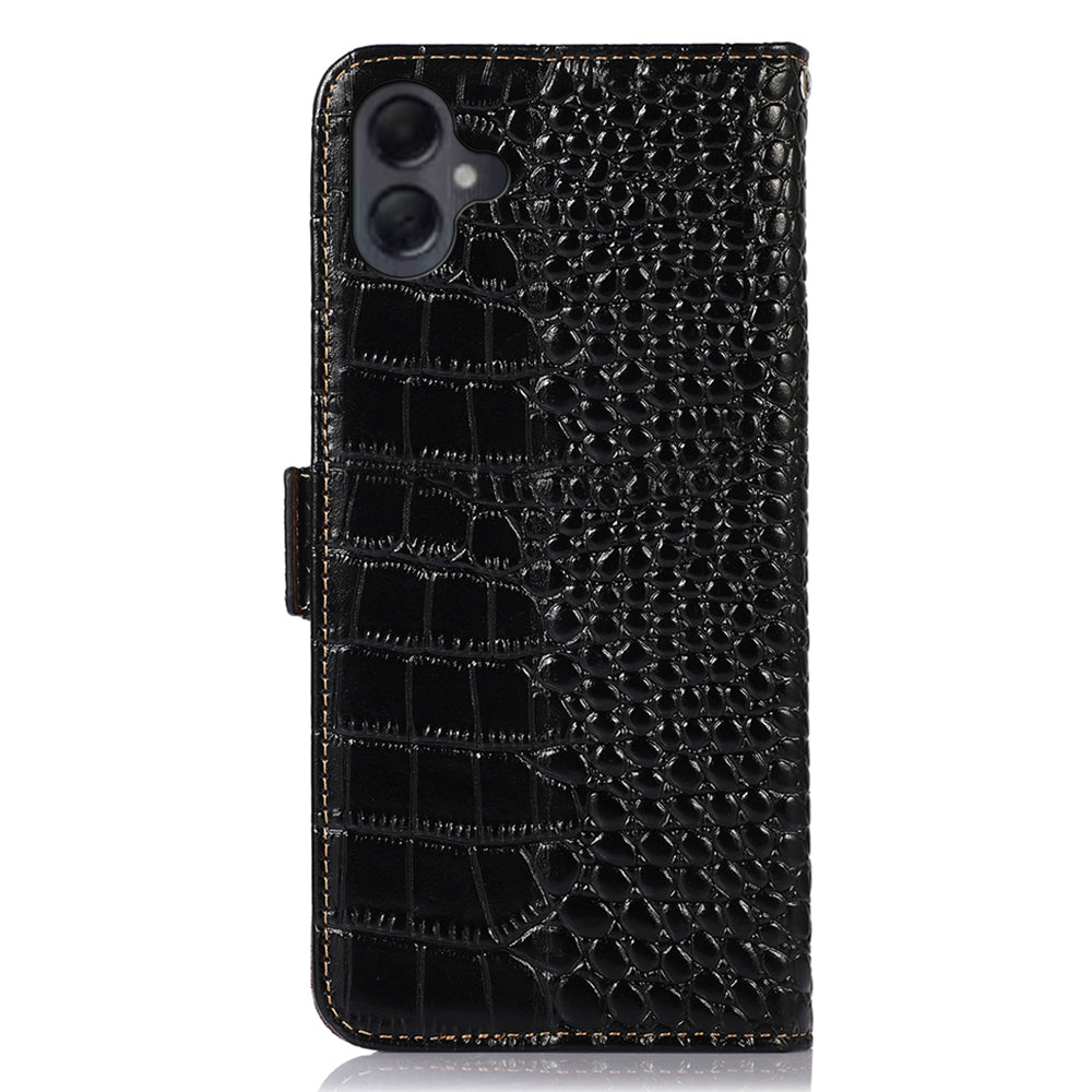For Samsung Galaxy A06 Case Crocodile Texture Genuine Cow Leather Phone Wallet Cover - Black