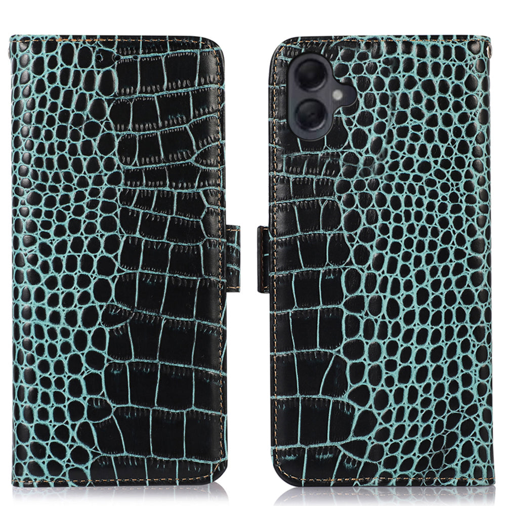 For Samsung Galaxy A06 Case Crocodile Texture Genuine Cow Leather Phone Wallet Cover - Green