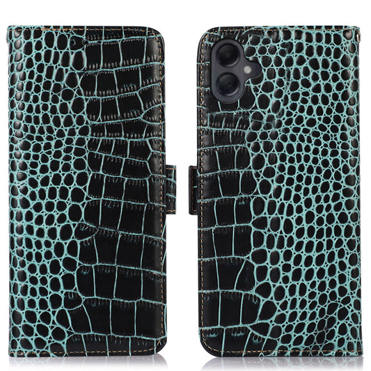 For Samsung Galaxy A06 Case Crocodile Texture Genuine Cow Leather Phone Wallet Cover - Green