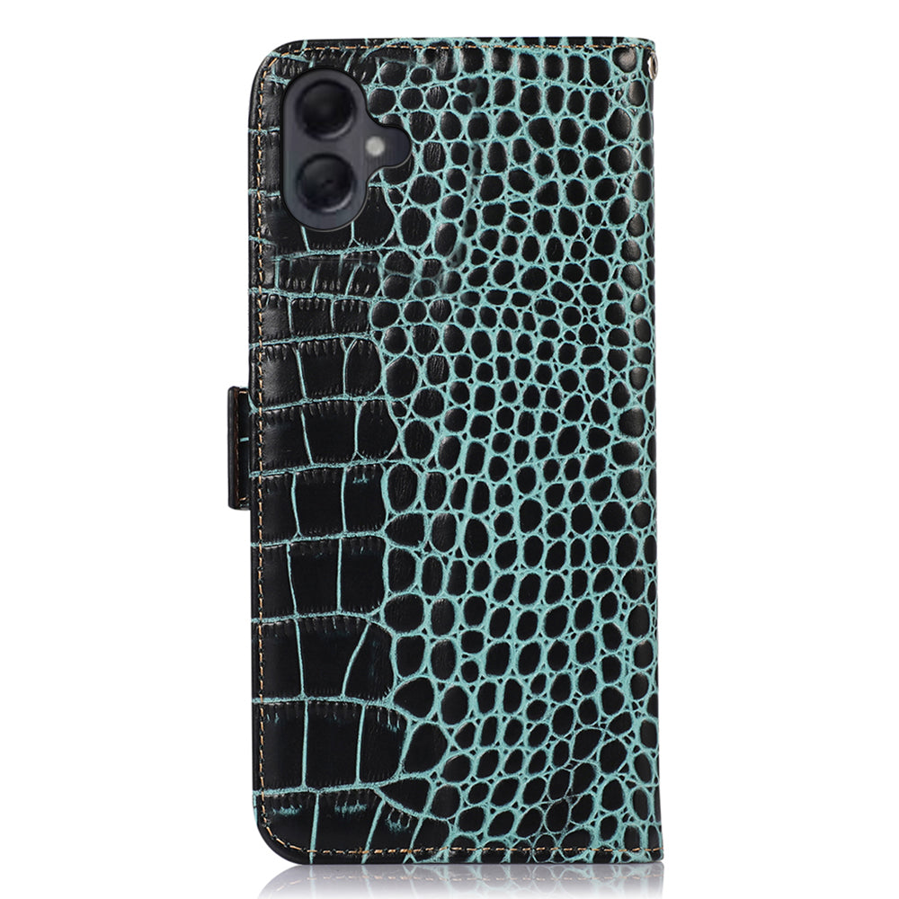 For Samsung Galaxy A06 Case Crocodile Texture Genuine Cow Leather Phone Wallet Cover - Green