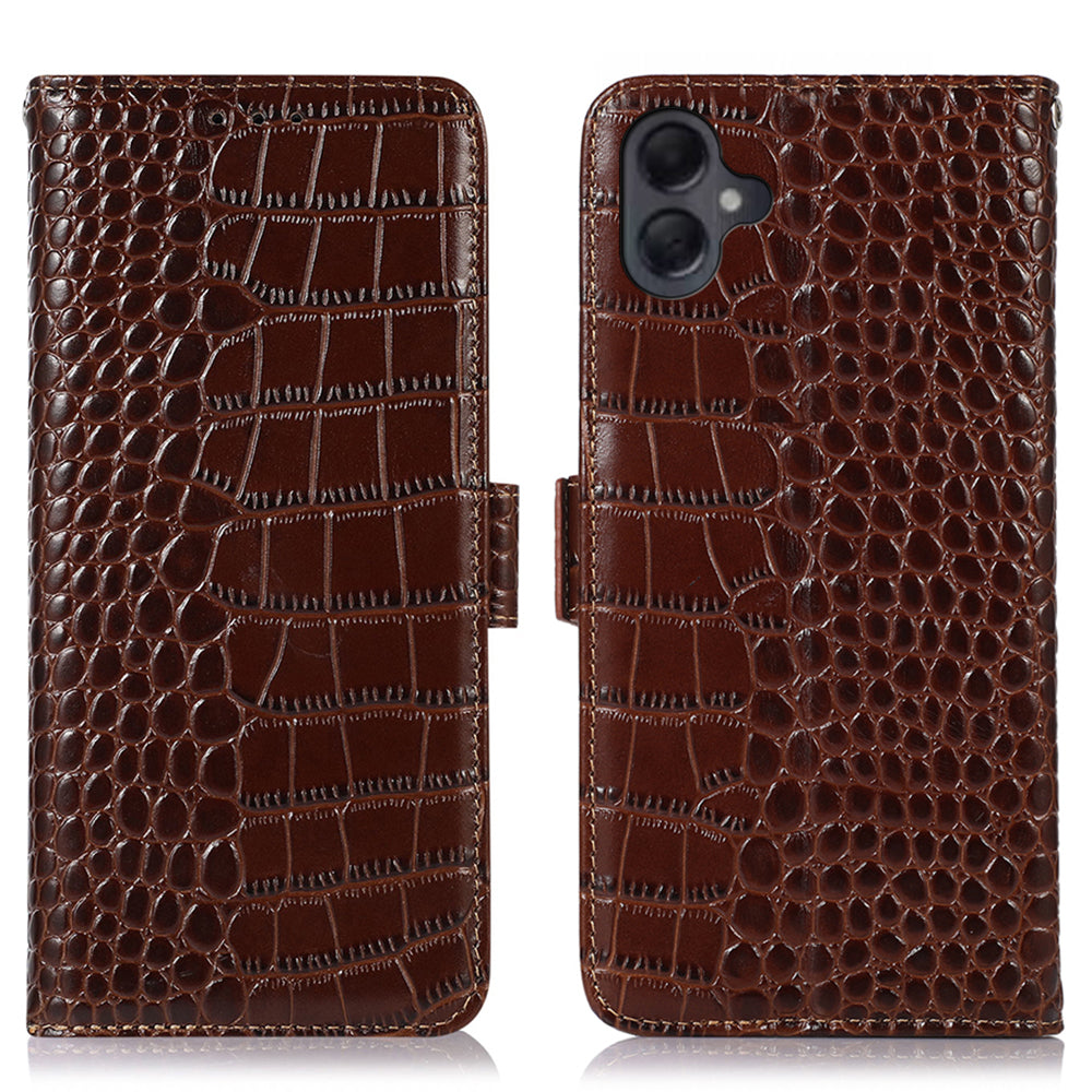 For Samsung Galaxy A06 Case Crocodile Texture Genuine Cow Leather Phone Wallet Cover - Brown