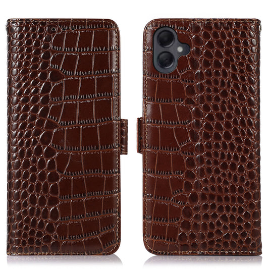 For Samsung Galaxy A06 Case Crocodile Texture Genuine Cow Leather Phone Wallet Cover - Brown