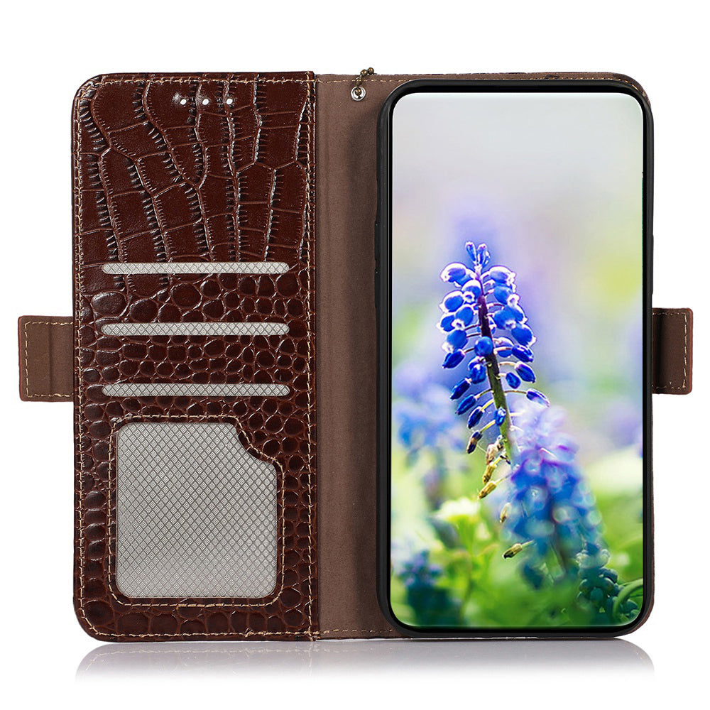 For Samsung Galaxy A06 Case Crocodile Texture Genuine Cow Leather Phone Wallet Cover - Brown