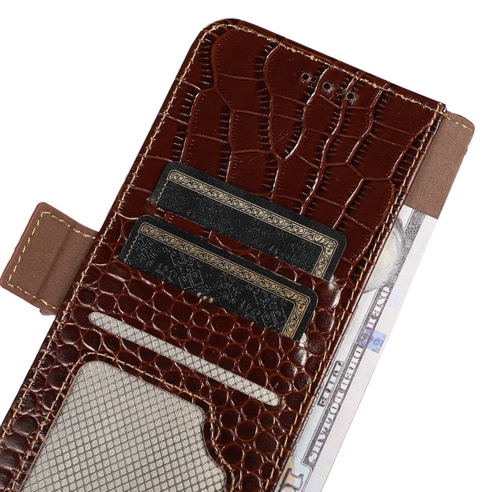 For Samsung Galaxy A06 Case Crocodile Texture Genuine Cow Leather Phone Wallet Cover - Brown