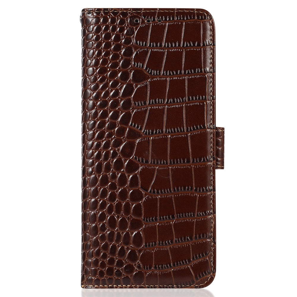For Samsung Galaxy A06 Case Crocodile Texture Genuine Cow Leather Phone Wallet Cover - Brown
