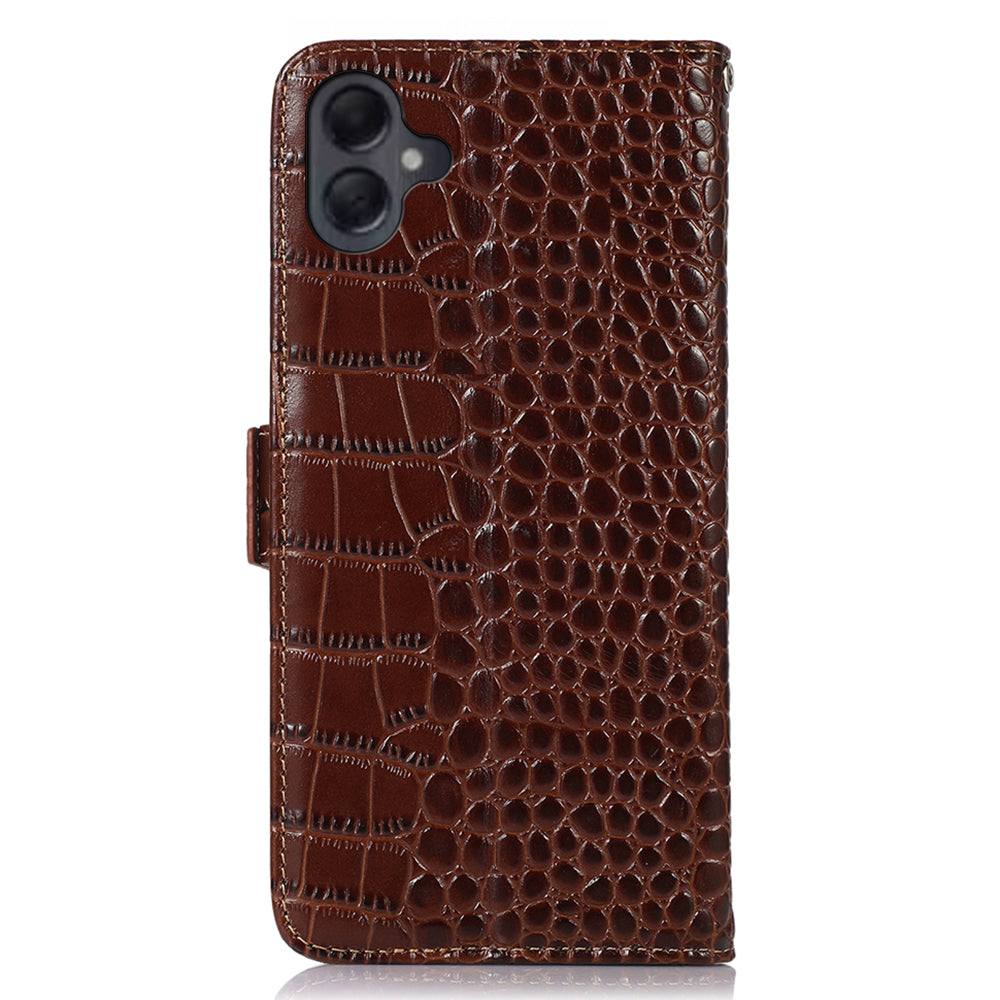 For Samsung Galaxy A06 Case Crocodile Texture Genuine Cow Leather Phone Wallet Cover - Brown