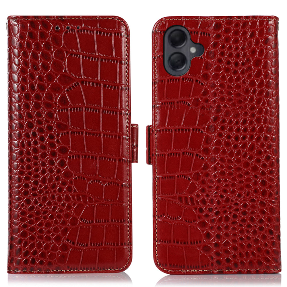 For Samsung Galaxy A06 Case Crocodile Texture Genuine Cow Leather Phone Wallet Cover - Red
